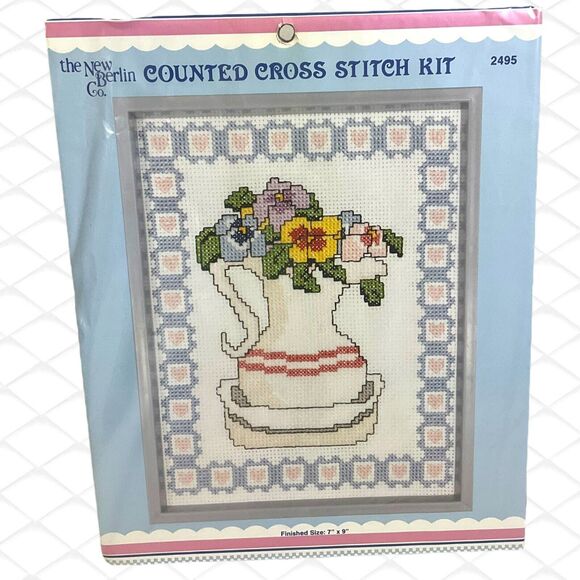 The New Berlin Co. Counted Cross Stitch Kit #2495 Pitcher with Pansies 7” x 9” - Picture 1 of 6